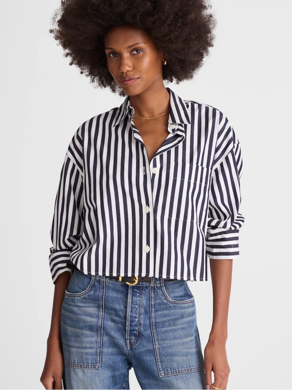 NWT Madewell Straight-Hem Shirt | Striped Button-Front Crop Shirt - navy & White